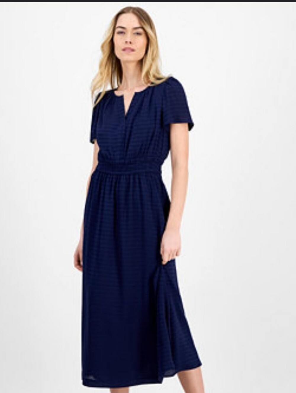 Anne Klein XL Navy Blue Midi Dress V Neck Puff Sleeve Smocked Waist NWT $139